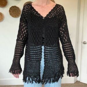 Tiara •M• Black Open Knit Fringe Single Top Button Witchy Boho Cover Up Cardigan